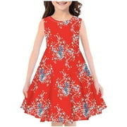 4-14Y Little Girls Summer Dress Round Neck Sleeveless Swing Sundress Kids Casual Floral A-Line Dress Red